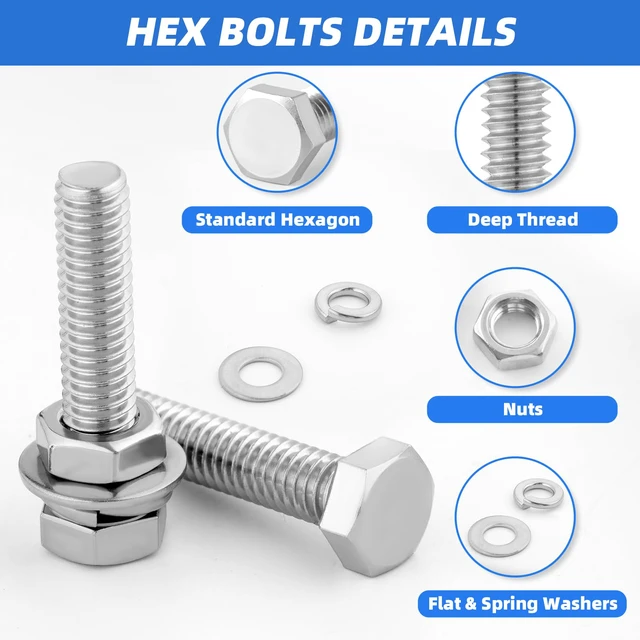 Alt view image 4 of 7 - 252Pcs Hex Bolts and Nuts Assortment Kit, 1/4-20, 5/16-18, 3/8-16 Assorted Bolts Nuts and Washers Kit, 304 Stainless Steel Machine Screw Sets with Case