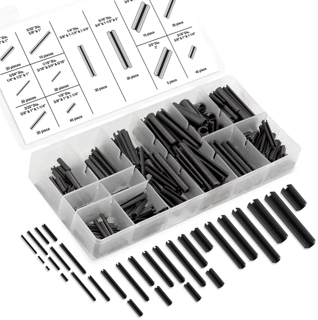 Main image of 50412A Roll Pin Assortment Set with Storage Case | 315 Pieces | SAE | Slotted Spring Steel | Black Dowel Tension Roll Pin