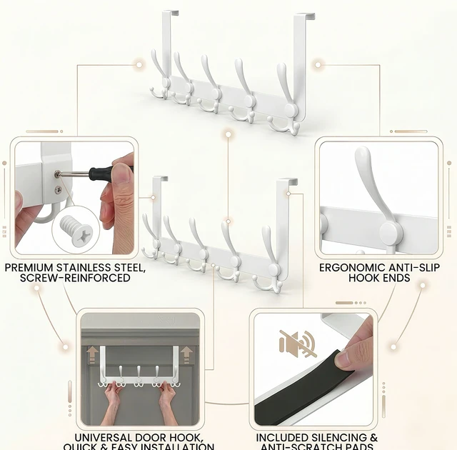 Alt view image 4 of 7 - Over The Door Hooks,Coat Rack for Hanging Clothes Hat Towel (Heavy Duty White 2pcs)