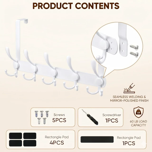 Alt view image 3 of 7 - Over The Door Hooks,Coat Rack for Hanging Clothes Hat Towel (Heavy Duty White 2pcs)