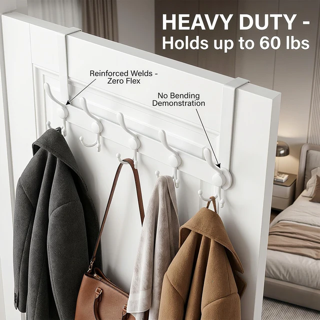 Alt view image 6 of 7 - Over The Door Hooks,Coat Rack for Hanging Clothes Hat Towel (Heavy Duty White 2pcs)