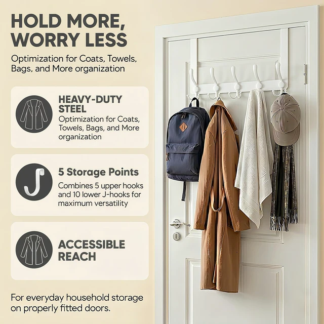 Alt view image 5 of 7 - Over The Door Hooks,Coat Rack for Hanging Clothes Hat Towel (Heavy Duty White 2pcs)