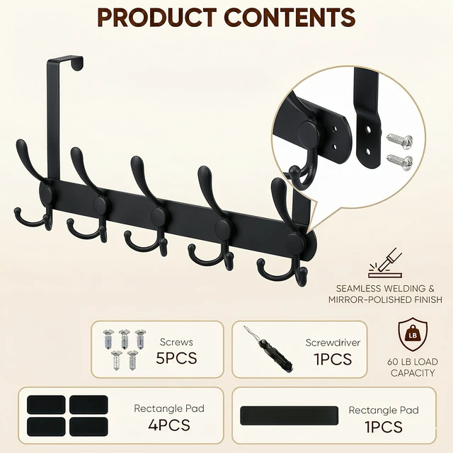 Alt view image 3 of 7 - Over The Door Hooks,Coat Rack for Hanging Clothes Hat Towel (Heavy Duty Black 2pcs)
