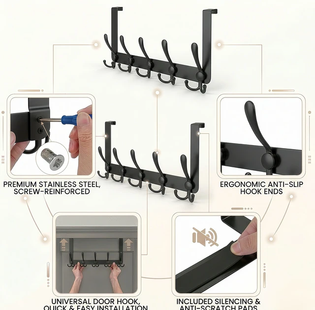 Alt view image 4 of 7 - Over The Door Hooks,Coat Rack for Hanging Clothes Hat Towel (Heavy Duty Black 2pcs)