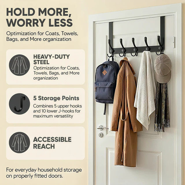 Alt view image 5 of 7 - Over The Door Hooks,Coat Rack for Hanging Clothes Hat Towel (Heavy Duty Black 2pcs)