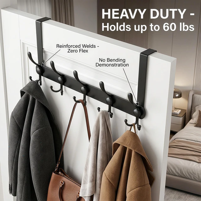 Alt view image 6 of 7 - Over The Door Hooks,Coat Rack for Hanging Clothes Hat Towel (Heavy Duty Black 2pcs)