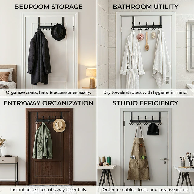Alt view image 7 of 7 - Over The Door Hooks,Coat Rack for Hanging Clothes Hat Towel (Heavy Duty Black 2pcs)