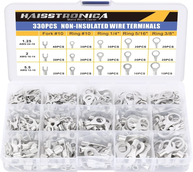 Main image of 330PCS Non-Insulated Ring and Fork Terminals, 22-10 AWG Battery and Stud Connections, Thick Tinned Copper Terminals, Battery and Ground Wiring, Non-Insulated Wire Connectors
