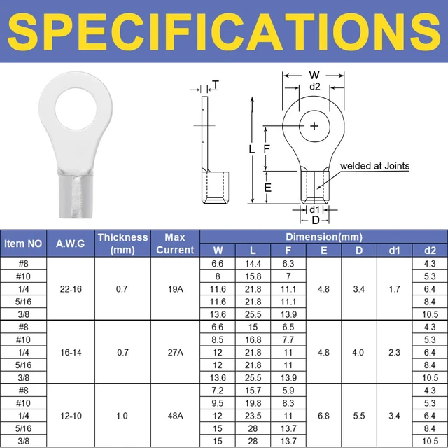 Alt view image 6 of 7 - 330PCS Non-Insulated Ring and Fork Terminals, 22-10 AWG Battery and Stud Connections, Thick Tinned Copper Terminals, Battery and Ground Wiring, Non-Insulated Wire Connectors