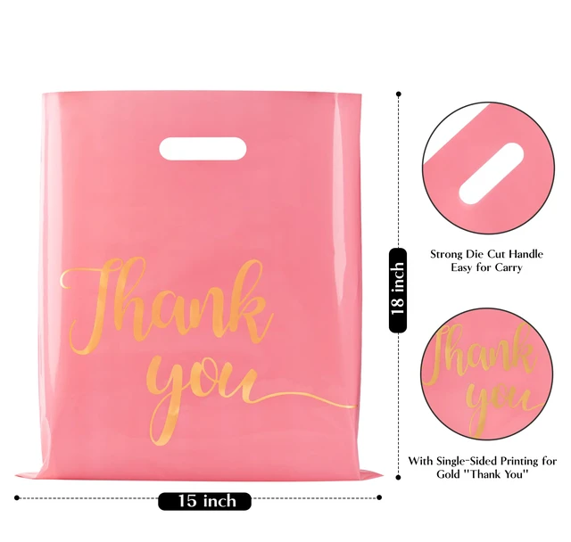 Alt view image 3 of 7 - 100 Pack Pink Thank You Shopping Bags for Small Business 15x18 Extra Thick 2.36 Mil, Plastic Thank you bags with Handle, For Retail, Boutique, Clothes, Party Favors, Craft Fairs, Gift
