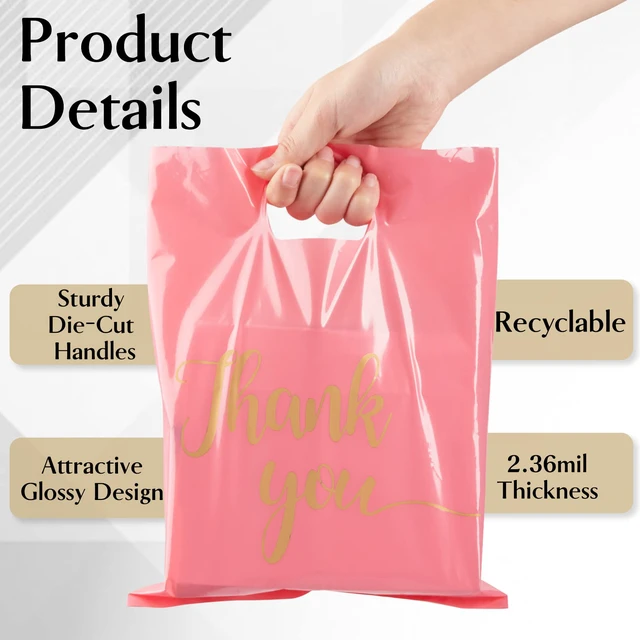 Alt view image 4 of 7 - 100 Pack Pink Thank You Shopping Bags for Small Business 15x18 Extra Thick 2.36 Mil, Plastic Thank you bags with Handle, For Retail, Boutique, Clothes, Party Favors, Craft Fairs, Gift