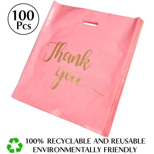 Alt view image 6 of 7 - 100 Pack Pink Thank You Shopping Bags for Small Business 15x18 Extra Thick 2.36 Mil, Plastic Thank you bags with Handle, For Retail, Boutique, Clothes, Party Favors, Craft Fairs, Gift