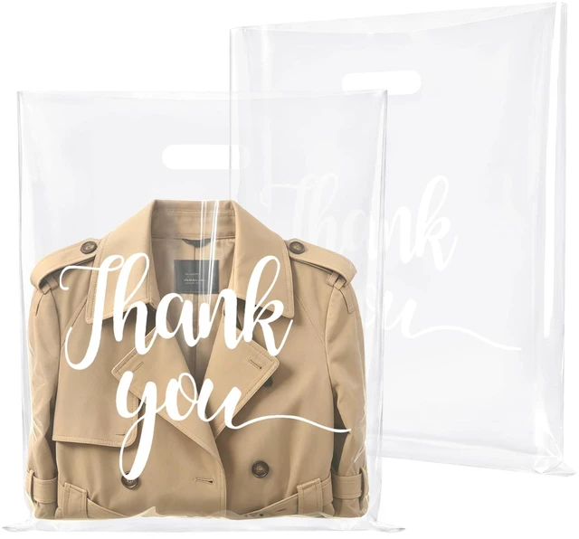 Main image of 100 Pack Clear Thank You Shopping Bags for Small Business 15x18 In Extra Thick 2.36 Mil, Plastic Thank you bags with Handle, For Retail, Boutique, Clothes, Party Favors, Craft Fairs, Gift