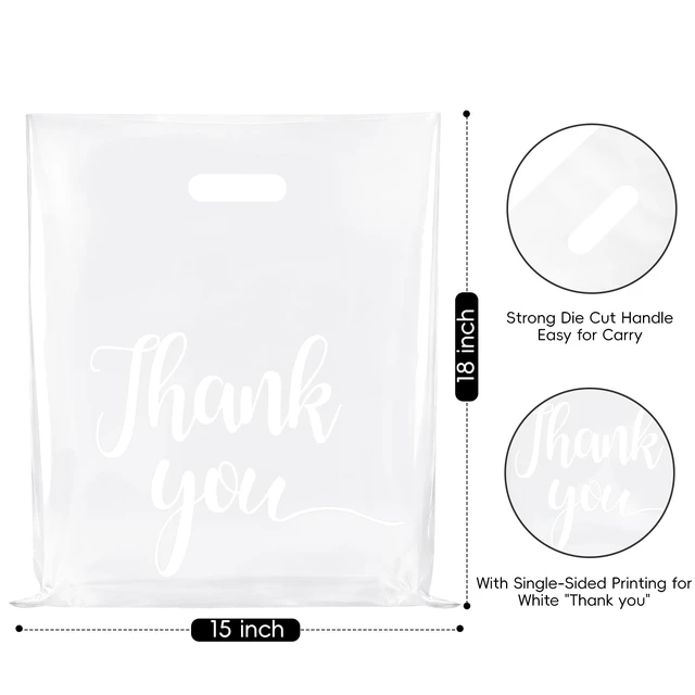 Alt view image 2 of 7 - 100 Pack Clear Thank You Shopping Bags for Small Business 15x18 In Extra Thick 2.36 Mil, Plastic Thank you bags with Handle, For Retail, Boutique, Clothes, Party Favors, Craft Fairs, Gift