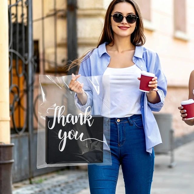 Alt view image 6 of 7 - 100 Pack Clear Thank You Shopping Bags for Small Business 15x18 In Extra Thick 2.36 Mil, Plastic Thank you bags with Handle, For Retail, Boutique, Clothes, Party Favors, Craft Fairs, Gift