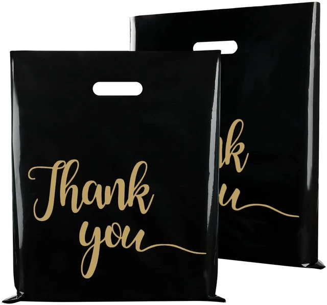 Main image of 100 Pack Black Thank You Shopping Bags for Small Business 15x18 Extra Thick 2.36 Mil, Plastic Thank you bags with Handle, For Retail, Boutique, Clothes, Party Favors, Craft Fairs, Gift