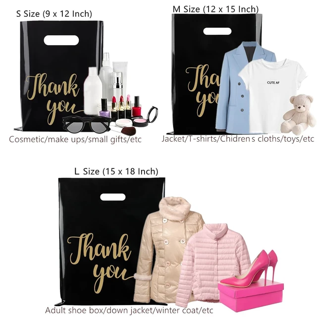 Alt view image 2 of 7 - 100 Pack Black Thank You Shopping Bags for Small Business 15x18 Extra Thick 2.36 Mil, Plastic Thank you bags with Handle, For Retail, Boutique, Clothes, Party Favors, Craft Fairs, Gift