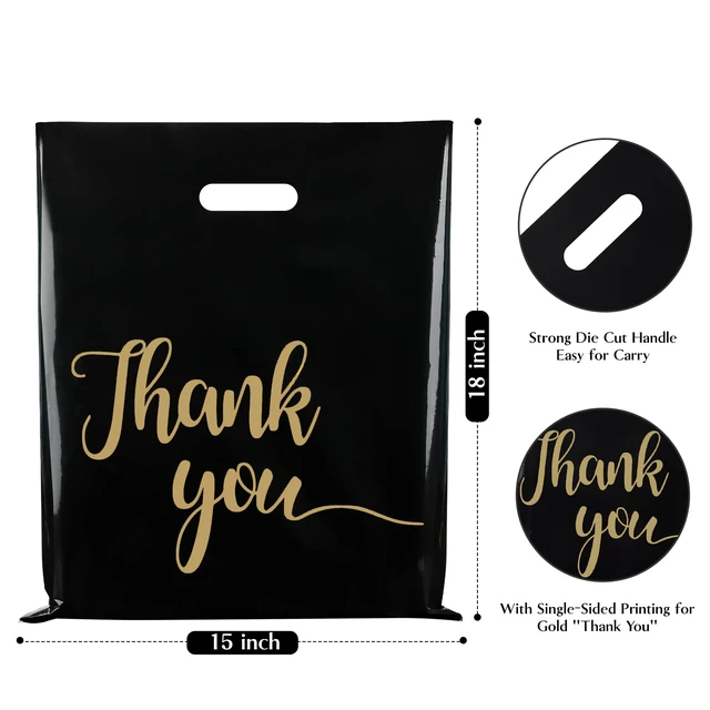 Alt view image 3 of 7 - 100 Pack Black Thank You Shopping Bags for Small Business 15x18 Extra Thick 2.36 Mil, Plastic Thank you bags with Handle, For Retail, Boutique, Clothes, Party Favors, Craft Fairs, Gift