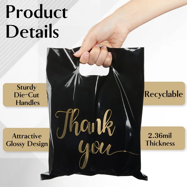 Alt view image 4 of 7 - 100 Pack Black Thank You Shopping Bags for Small Business 15x18 Extra Thick 2.36 Mil, Plastic Thank you bags with Handle, For Retail, Boutique, Clothes, Party Favors, Craft Fairs, Gift