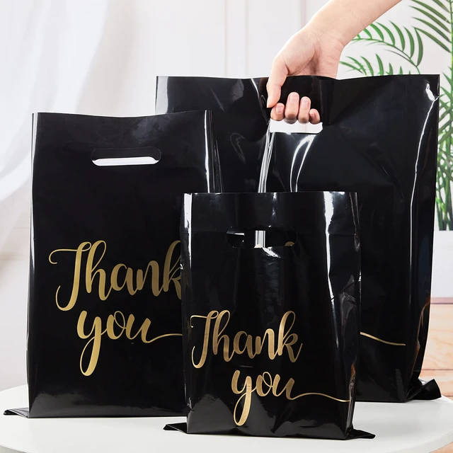 Alt view image 6 of 7 - 100 Pack Black Thank You Shopping Bags for Small Business 15x18 Extra Thick 2.36 Mil, Plastic Thank you bags with Handle, For Retail, Boutique, Clothes, Party Favors, Craft Fairs, Gift