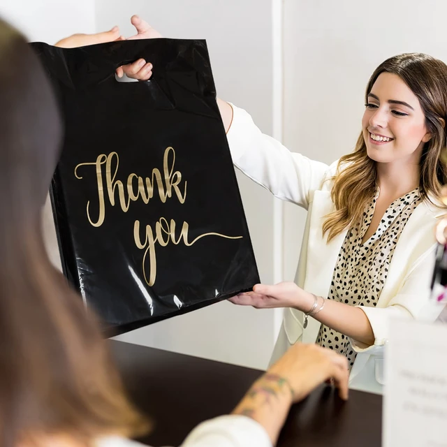 Alt view image 5 of 7 - 100 Pack Black Thank You Shopping Bags for Small Business 15x18 Extra Thick 2.36 Mil, Plastic Thank you bags with Handle, For Retail, Boutique, Clothes, Party Favors, Craft Fairs, Gift