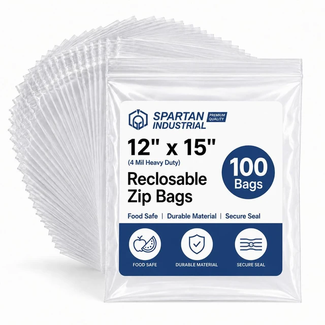 Main image of 12 X 15 (100 Count) 4 Mil Thick Clear Reclosable Zip Plastic Poly Bags with Resealable Lock Seal Zipper - Heavy Duty and Durable