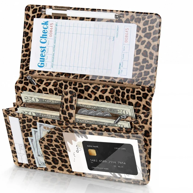 Main image of Server Book High Volume, Expandable Server Book with 2 Zipper Waiter Book, Leather Waitress Book with 2 Zipper and Magnetic Pockets, Server Books Booklet Fit Server Apron, Leopard Print