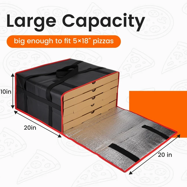 Alt view image 2 of 7 - Pizza Bags for Delivery, Insulated Pizza Warmer Bag, 20" x 20" x 10" Insulated Delivery Bag for Commercial Use, Pizza Carrier for Food Delivery & Catering, Food Delivery Accessories, Black/Red