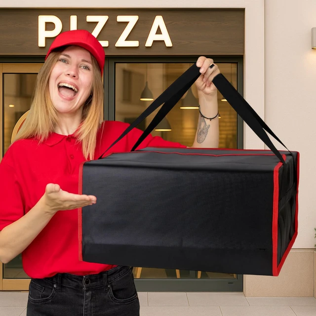 Alt view image 7 of 7 - Pizza Bags for Delivery, Insulated Pizza Warmer Bag, 20" x 20" x 10" Insulated Delivery Bag for Commercial Use, Pizza Carrier for Food Delivery & Catering, Food Delivery Accessories, Black/Red