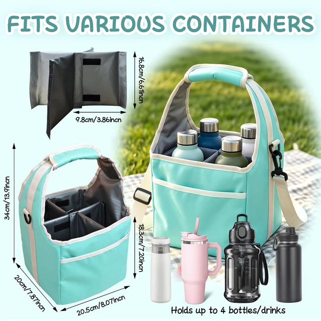 Alt view image 3 of 7 - Reusable Drink Carrier Tote Bag with Handle Family Size 4 Compartment Water Bottle Holder with Adjustable Shoulder Strap & Removable Dividers Multiple Tumbler Caddy for Car,Delivery,Family Outings