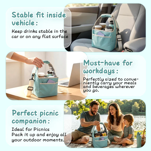 Alt view image 4 of 7 - Reusable Drink Carrier Tote Bag with Handle Family Size 4 Compartment Water Bottle Holder with Adjustable Shoulder Strap & Removable Dividers Multiple Tumbler Caddy for Car,Delivery,Family Outings