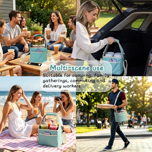 Alt view image 7 of 7 - Reusable Drink Carrier Tote Bag with Handle Family Size 4 Compartment Water Bottle Holder with Adjustable Shoulder Strap & Removable Dividers Multiple Tumbler Caddy for Car,Delivery,Family Outings