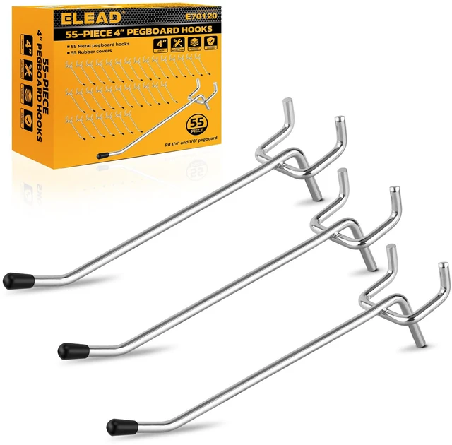 Main image of 55-Piece 4 Inch Pegboard Hooks, Heavy Duty Peg Board Organizer Accessories, Peg Board Tool Hangers Fit for 1/4" and 1/8" Pegboard Hanging Tools Garage, Workshop, and Craft Storage