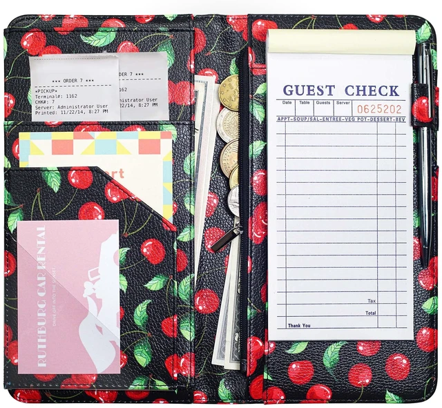 Main image of 4.7 X 9 Cherry Server Book with Zipper Pocket Bling Waitress Book with Money Pocket and Magnetic Closure, Restaurant Waitstaff Organizer Fit Server Apron with High Volume Pocket