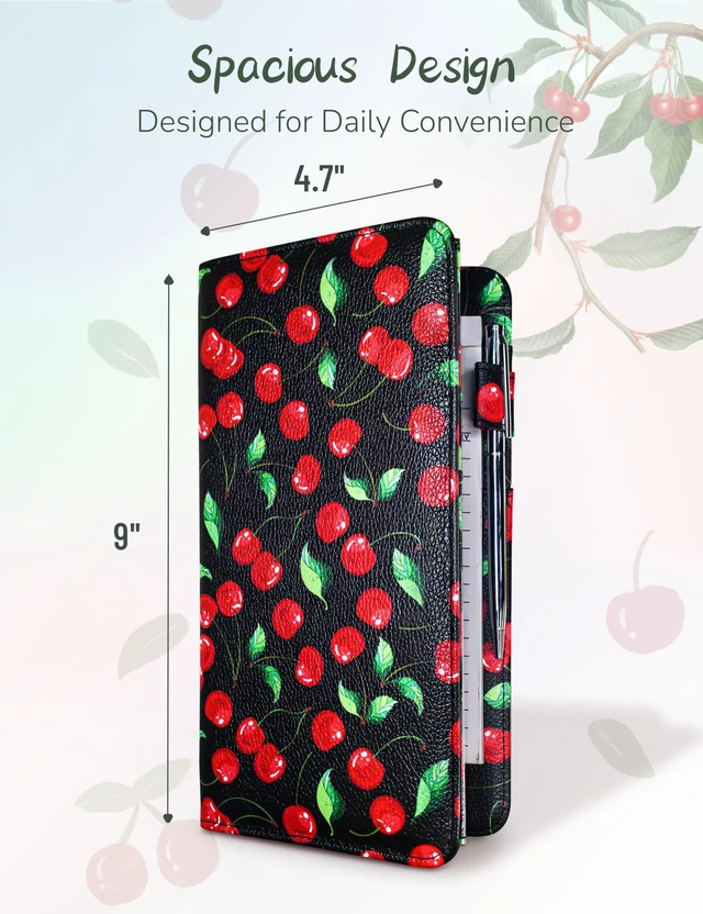 Alt view image 2 of 7 - 4.7 X 9 Cherry Server Book with Zipper Pocket Bling Waitress Book with Money Pocket and Magnetic Closure, Restaurant Waitstaff Organizer Fit Server Apron with High Volume Pocket