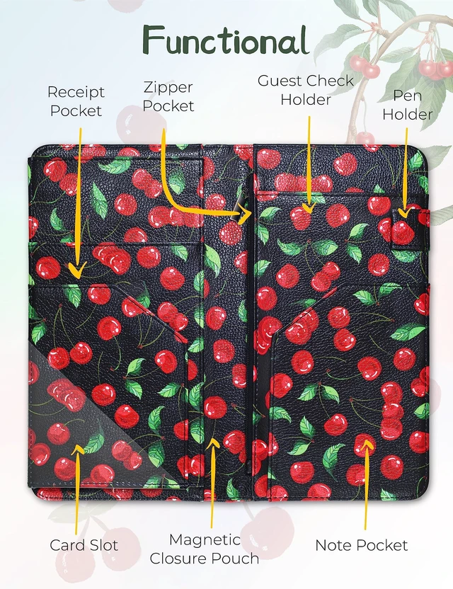 Alt view image 3 of 7 - 4.7 X 9 Cherry Server Book with Zipper Pocket Bling Waitress Book with Money Pocket and Magnetic Closure, Restaurant Waitstaff Organizer Fit Server Apron with High Volume Pocket