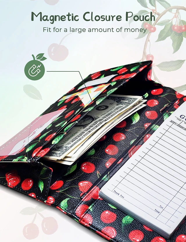 Alt view image 4 of 7 - 4.7 X 9 Cherry Server Book with Zipper Pocket Bling Waitress Book with Money Pocket and Magnetic Closure, Restaurant Waitstaff Organizer Fit Server Apron with High Volume Pocket