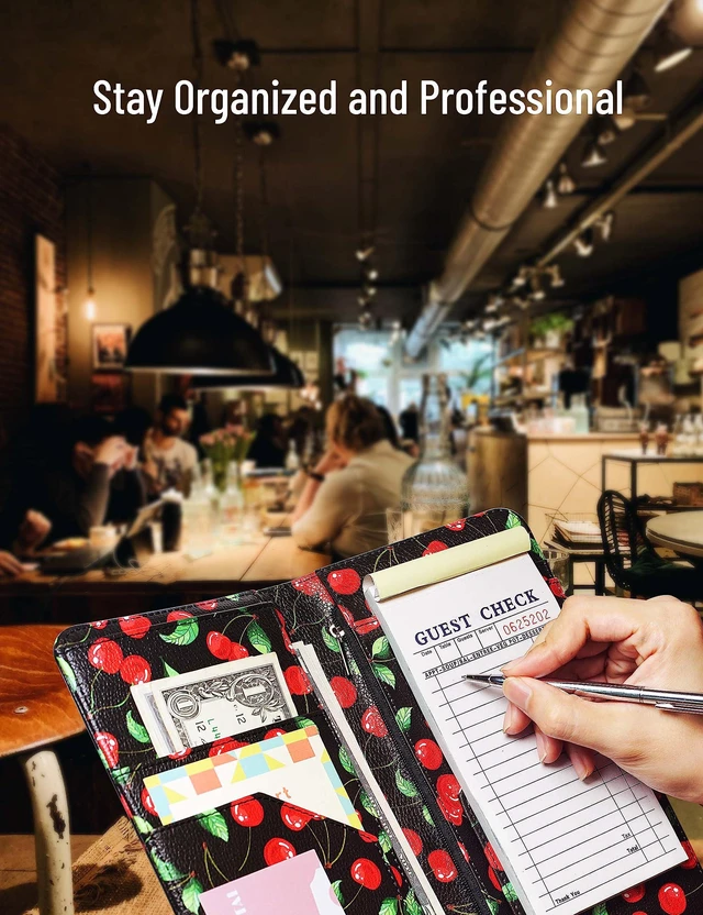 Alt view image 7 of 7 - 4.7 X 9 Cherry Server Book with Zipper Pocket Bling Waitress Book with Money Pocket and Magnetic Closure, Restaurant Waitstaff Organizer Fit Server Apron with High Volume Pocket