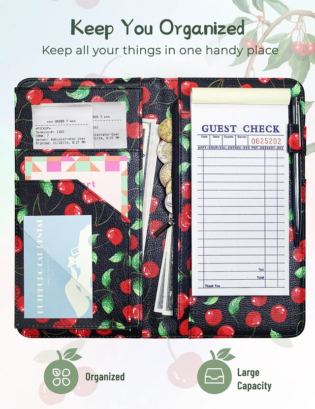 Alt view image 5 of 7 - 4.7 X 9 Cherry Server Book with Zipper Pocket Bling Waitress Book with Money Pocket and Magnetic Closure, Restaurant Waitstaff Organizer Fit Server Apron with High Volume Pocket
