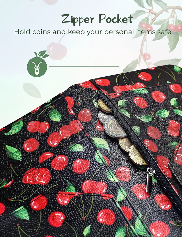 Alt view image 6 of 7 - 4.7 X 9 Cherry Server Book with Zipper Pocket Bling Waitress Book with Money Pocket and Magnetic Closure, Restaurant Waitstaff Organizer Fit Server Apron with High Volume Pocket