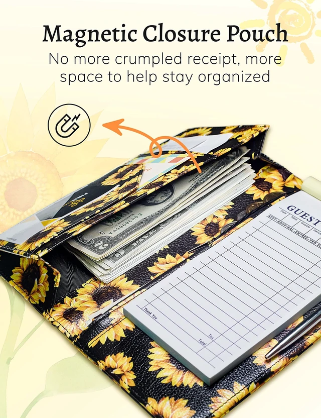 Alt view image 4 of 7 - Server Book with Zipper Pocket and Magnetic Closure Server Booklet Waitress Book Serving Book with Money Pocket Waitstaff Organizer Fit Server Apron Waiter Book Wallet Sunflower