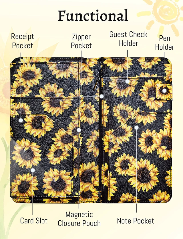 Alt view image 3 of 7 - Server Book with Zipper Pocket and Magnetic Closure Server Booklet Waitress Book Serving Book with Money Pocket Waitstaff Organizer Fit Server Apron Waiter Book Wallet Sunflower