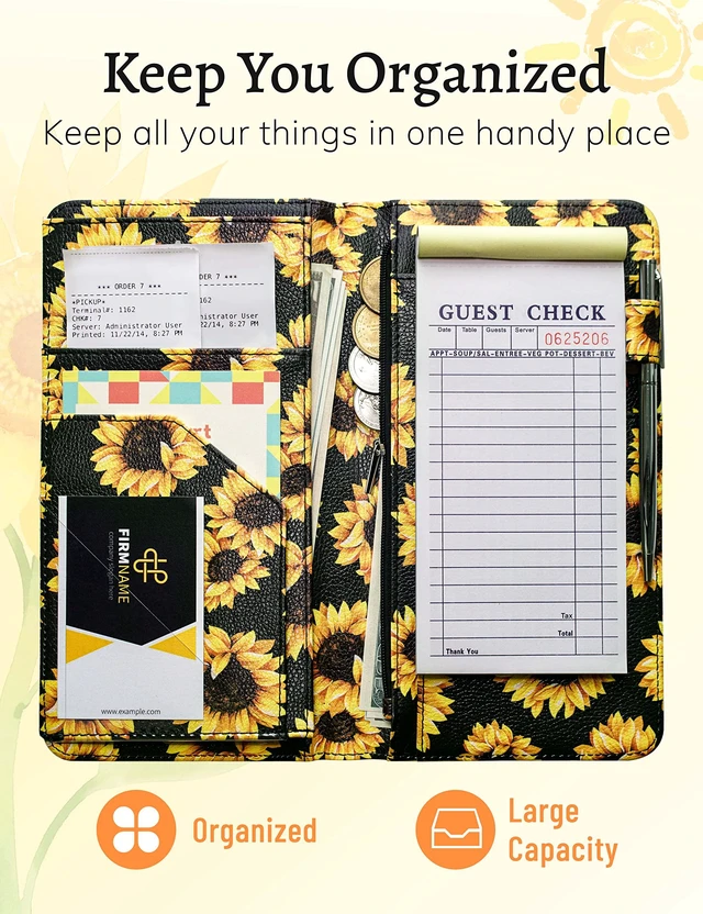 Alt view image 6 of 7 - Server Book with Zipper Pocket and Magnetic Closure Server Booklet Waitress Book Serving Book with Money Pocket Waitstaff Organizer Fit Server Apron Waiter Book Wallet Sunflower