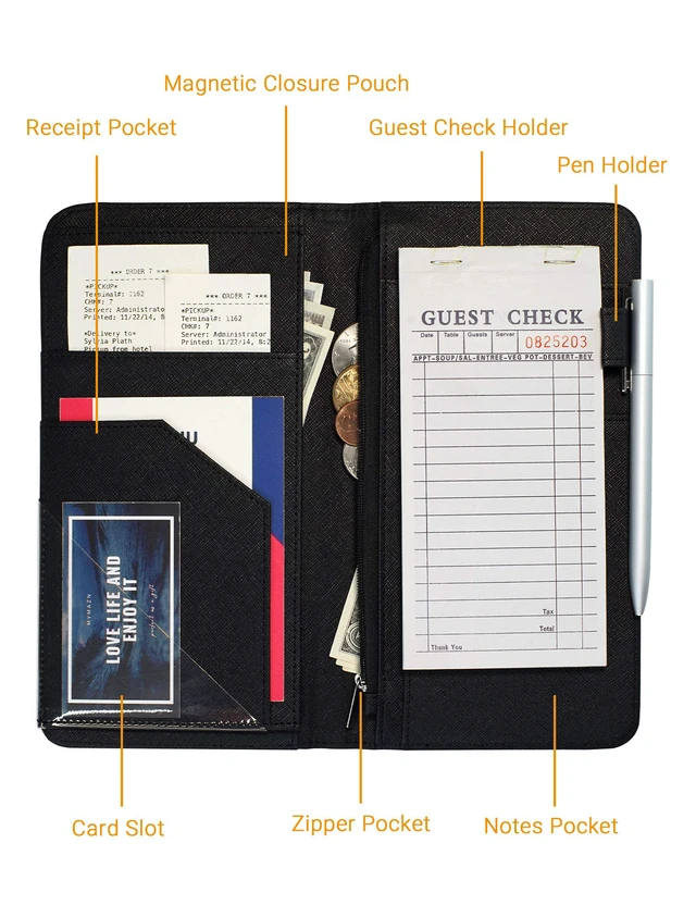 Alt view image 2 of 5 - Server Book with Zipper Pocket and Magnetic Closure Server Booklet Waitress Books Serving Book with Money Pocket Waitstaff Organizer Fit Server Apron Waiter Book Wallet High Volume Pocket