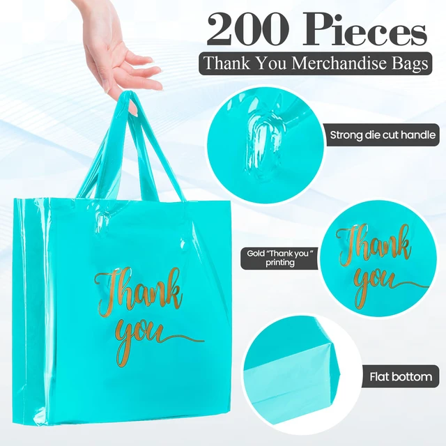 Alt view image 2 of 6 - 200 Pcs Thank You Shopping Bags with Handle,Sky Blue Plastic Retail Packets for Small Business, Boutique Shops, 3 Sizes 9x12 12x15 15x18 in, Merchandise Packaging with Handles