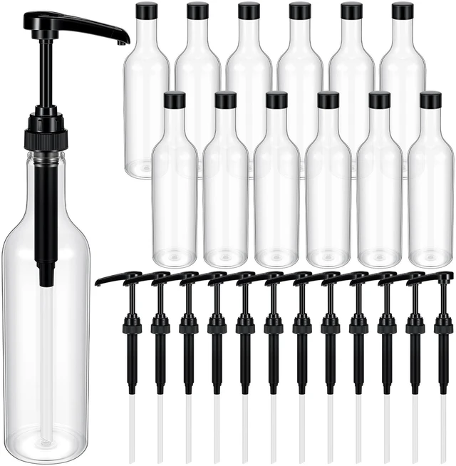 Main image of 12 Pcs 25 oz Plastic Syrup Bottles with Pump Syrup Dispenser, Black Clear Dispenser Bottle for Coffee Bar Accessories, Long Neck, Sauce Condiment, Party Drink Service, Kitchen Restaurant Home
