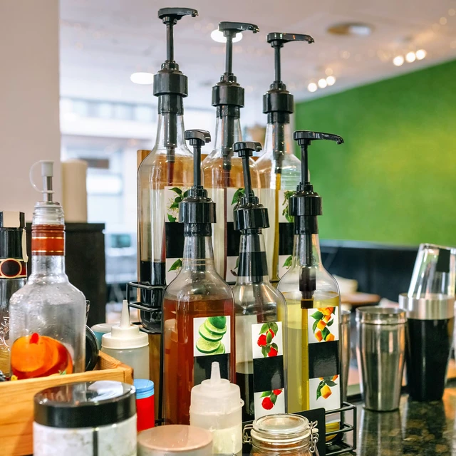 Alt view image 6 of 7 - 12 Pcs 25 oz Plastic Syrup Bottles with Pump Syrup Dispenser, Black Clear Dispenser Bottle for Coffee Bar Accessories, Long Neck, Sauce Condiment, Party Drink Service, Kitchen Restaurant Home