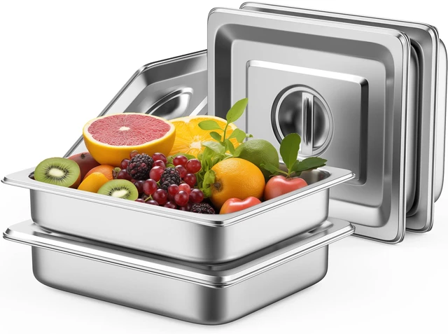 Main image of Hotel Pans with Lids, 4 Pack, 1/2 Size, 2.5" Deep Stainless Steel Steam Table Pan, 22 Gauge Anti Jam, Commercial Catering Food Pans, for Hotel Home Party Restaurant Buffet