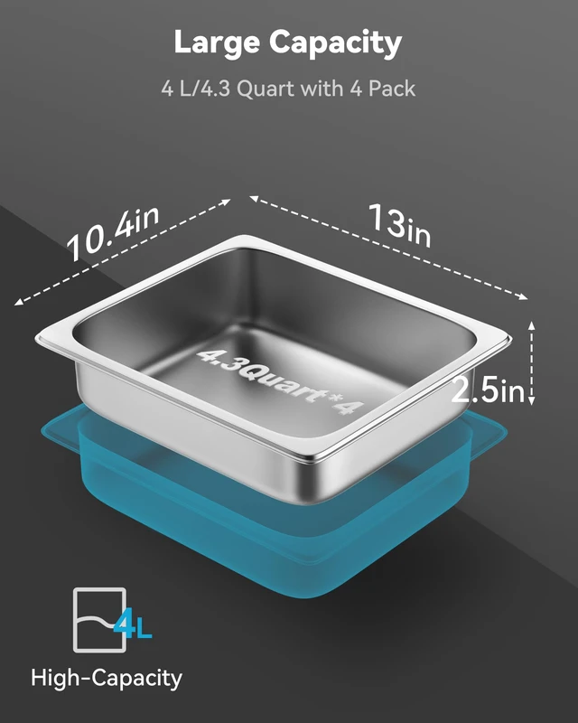 Alt view image 3 of 7 - Hotel Pans with Lids, 4 Pack, 1/2 Size, 2.5" Deep Stainless Steel Steam Table Pan, 22 Gauge Anti Jam, Commercial Catering Food Pans, for Hotel Home Party Restaurant Buffet