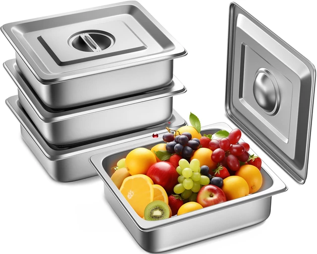 Main image of Hotel Pans with Lids, 4 Pack 1/2 Size 4" Deep Stainless Steel Steam Table Pan, 22 Gauge Anti Jam, Commercial Catering Food Pans, for Hotel Home Party Restaurant Buffet